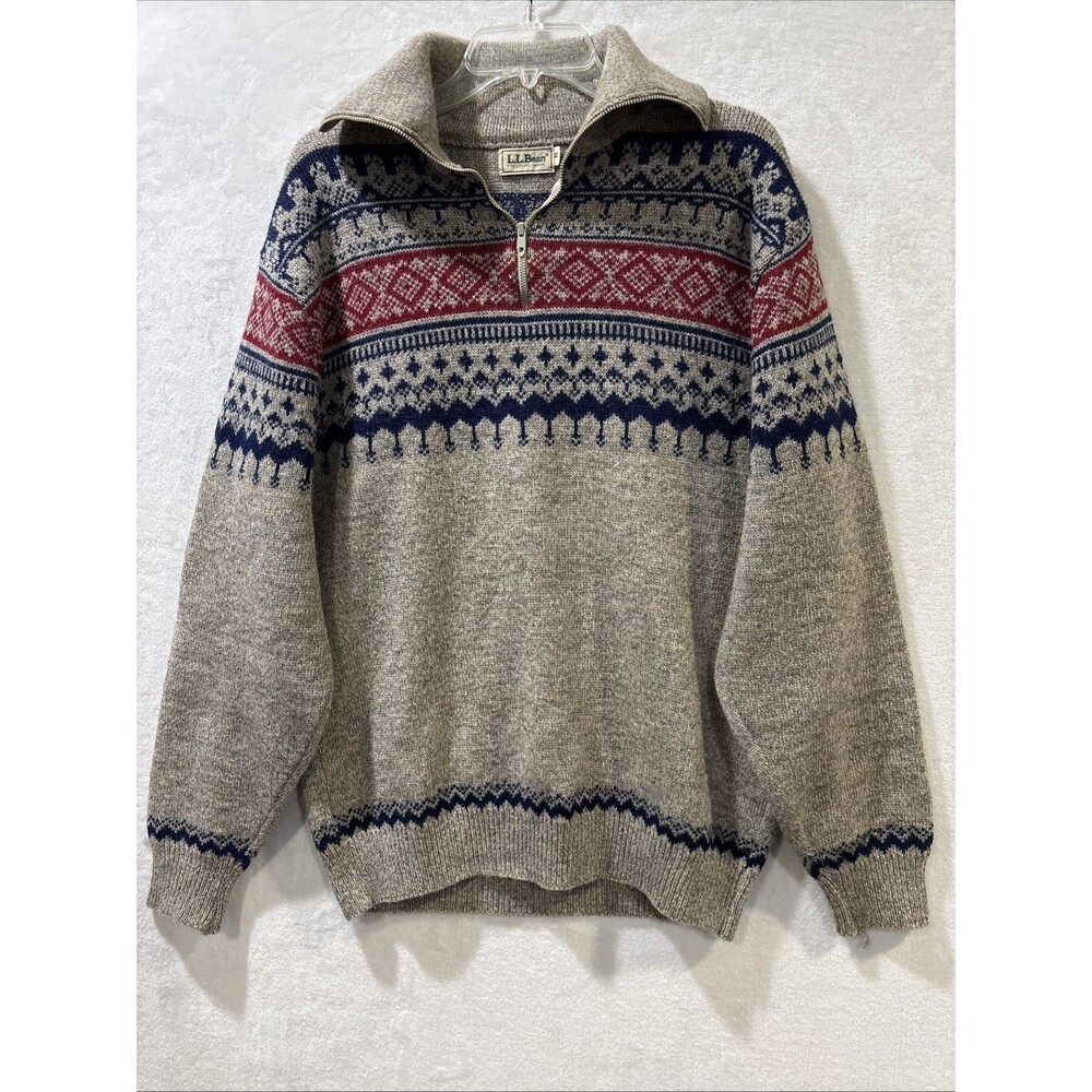 L.L.Bean Nordic Fair Isle Wool Knit 1/4 Zip Funnel Neck Pullover Sweater XL Flaw